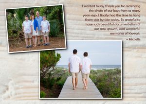 Two brothers and their parents on the boardwalk and in the shade on Kiawah Island, South Carolina for family portraits