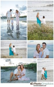 photos from a surprise engagement session years ago and now with their family of three years later on Kiawah Island