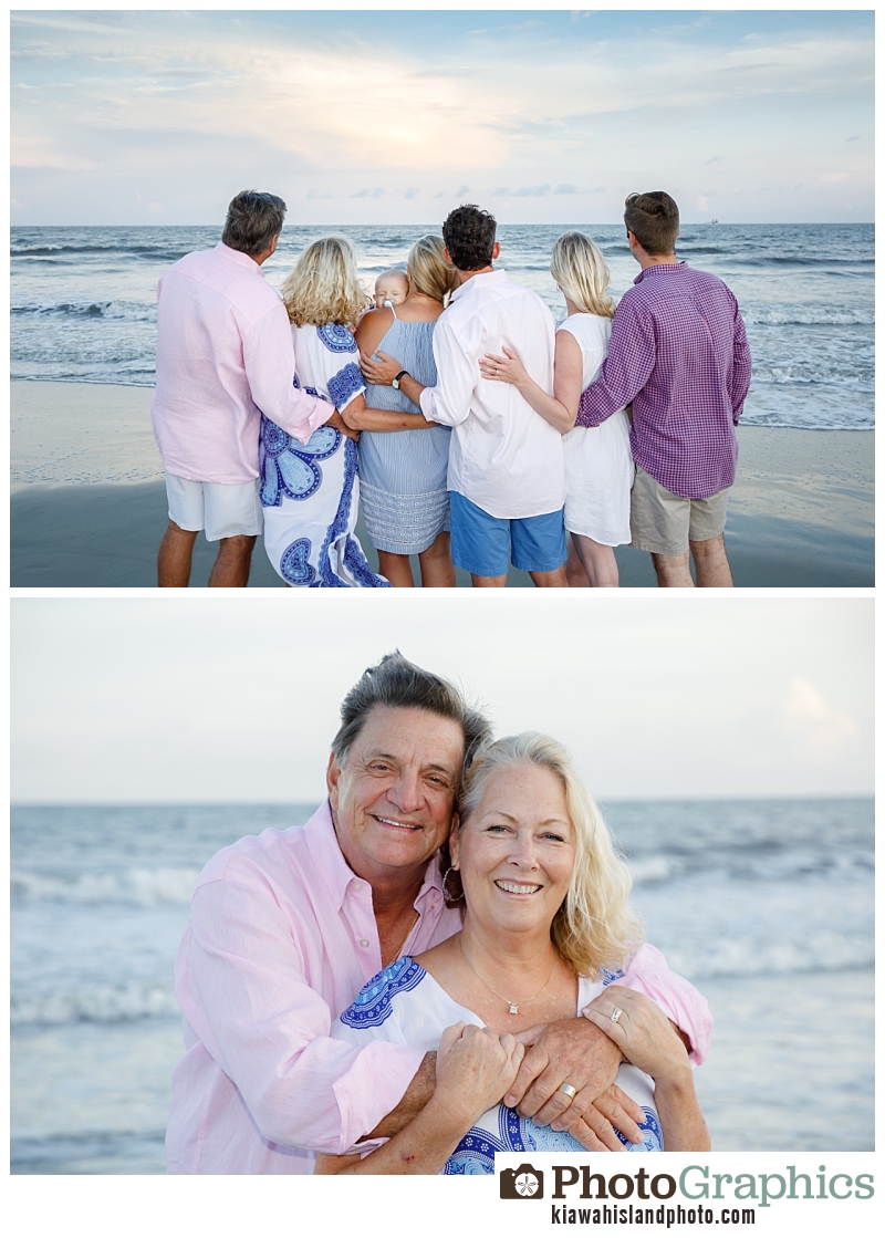 Grandparents, kids and spouses at beach on sunset at Kiawah Island