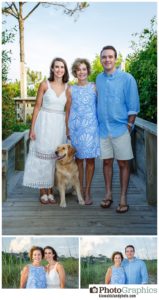 family at boardwalk with their dog, family portraits Kiawah Island