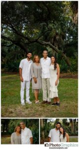 Family standing by trees in the grass for family photos on Kiawah