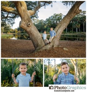 two boys at the park on the swings and climbing a tree, family photos kiawah
