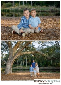 family of four at a park posing for photos, kiawah island family photography