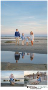 family of four and grandparents at the beach for family photos, family photos kiawah island