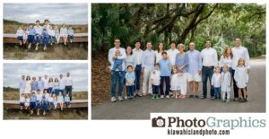 Large grup of people for their family photos on Kiawah Island on the boardwalk and near the trees. Kiawah Island family photos