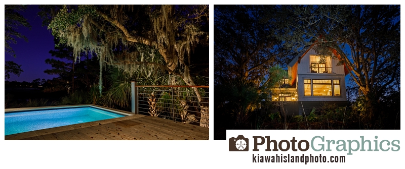 twilight photos of pool and back of home on Kiawah Island - real estate photohgraphy