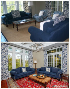 Living room photos on Kiawah Island, before and after. Real estate photography.