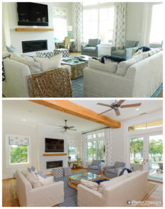 The difference professional photos can make. Before and after photos of a living room. Kiawah Island, South Carolina. Real Estate Photography