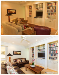 Before and after photos of a living room by two different photographers. Real Estate Photography on Kiawah Island